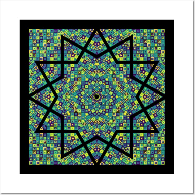 Star Burst Kaleidoscope | Hexagon Blue Green Yellow Wall Art by aRtVerse
